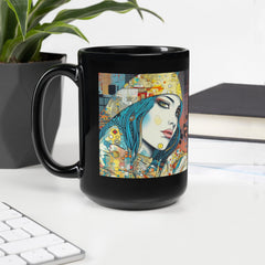 Close-up of Graphic Greatness II black glossy coffee mug.