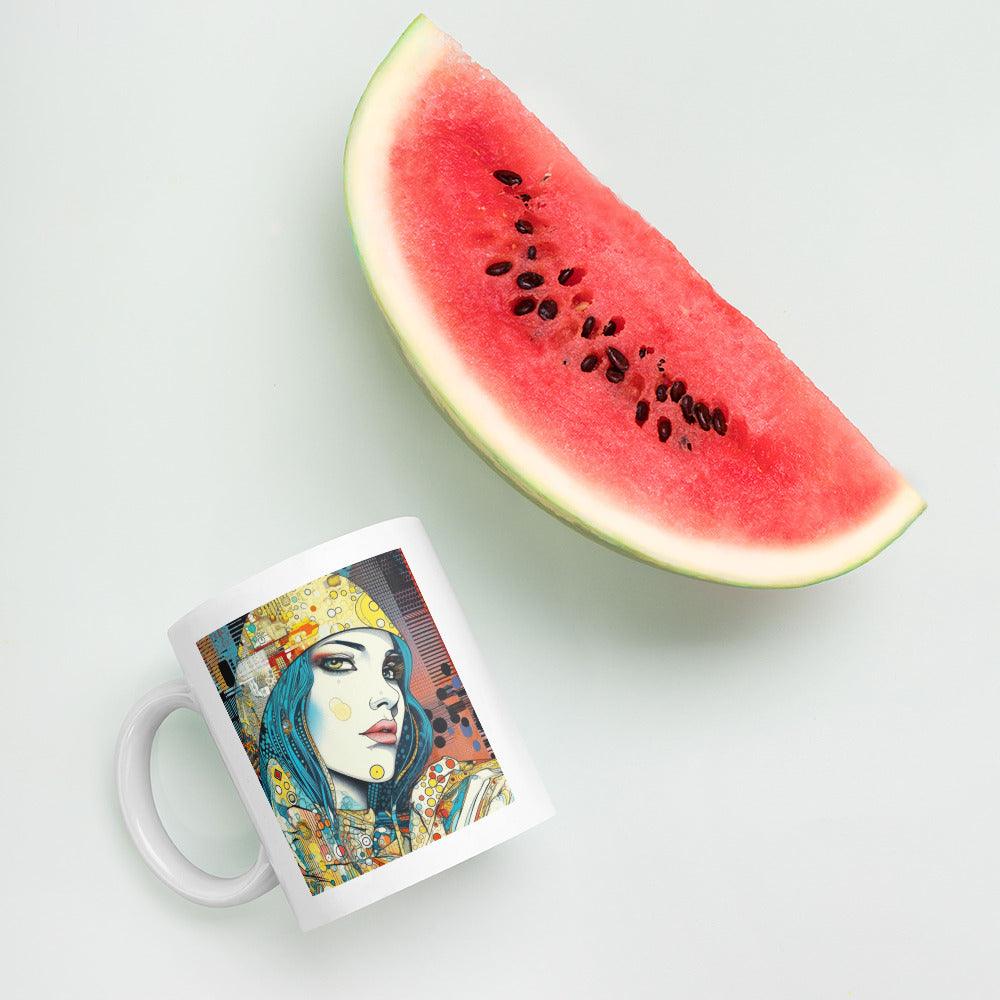 White glossy mug with Graphic Greatness II artwork, morning light.