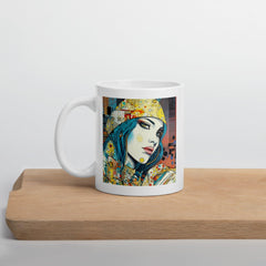 Person holding a Graphic Greatness II white glossy mug, blurred background.