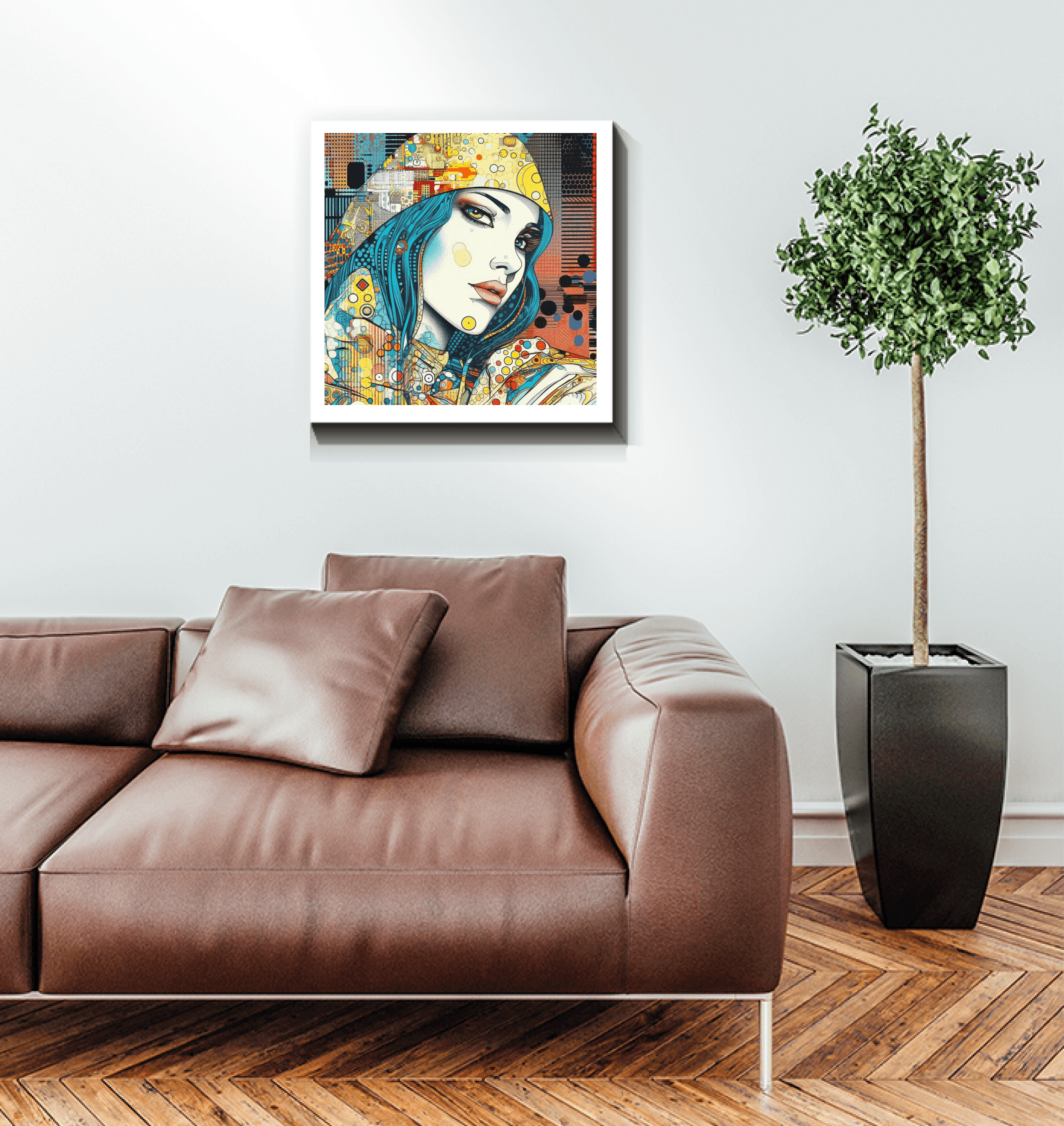 Art lover admiring the Graphic Greatness II wrapped canvas.