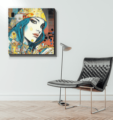 Side view of the Graphic Greatness II wrapped canvas on a white wall.