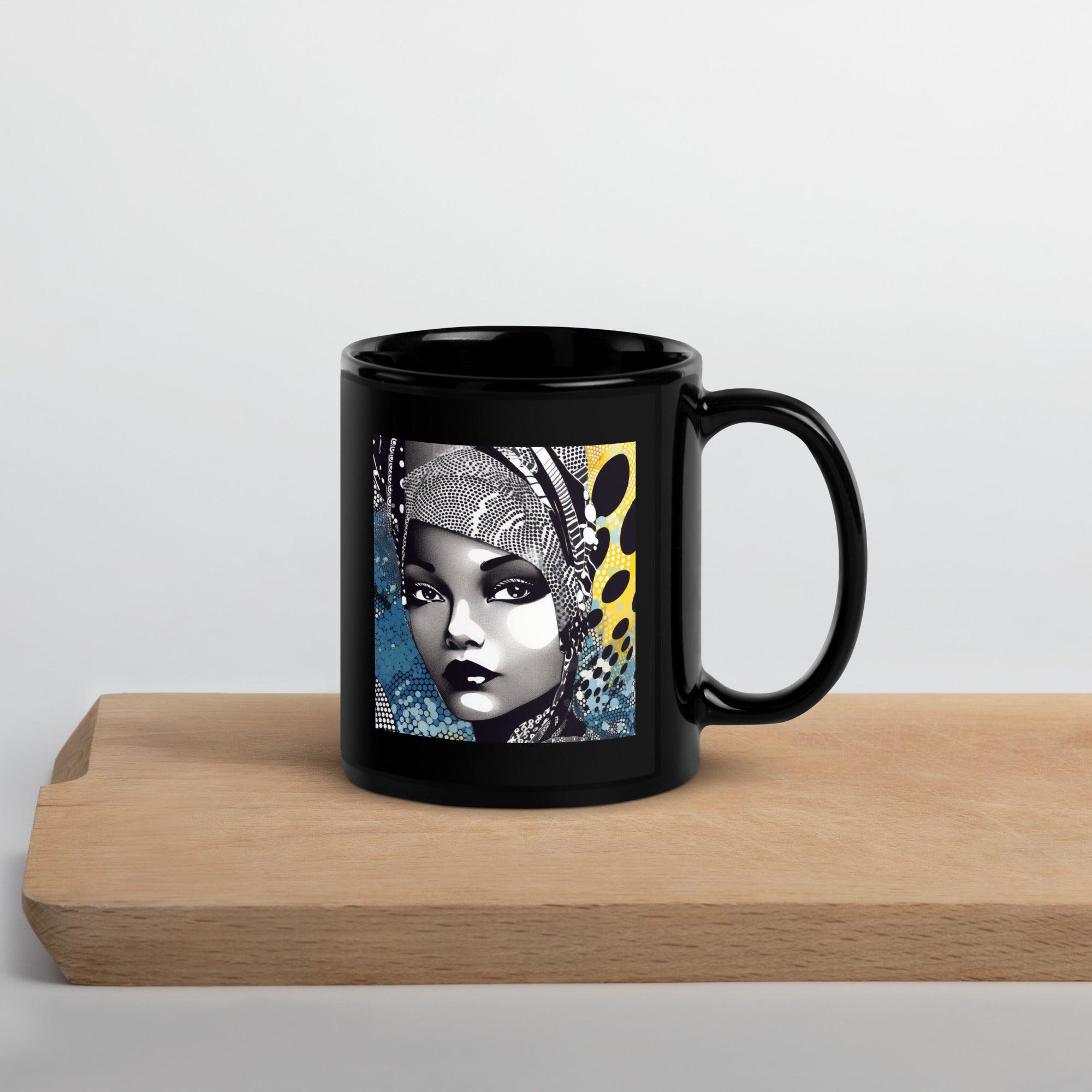 Graphic Guru Black Glossy Mug front view on white background.