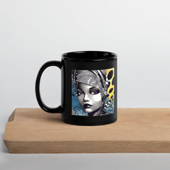 Graphic Guru Black Glossy Mug filled with coffee.