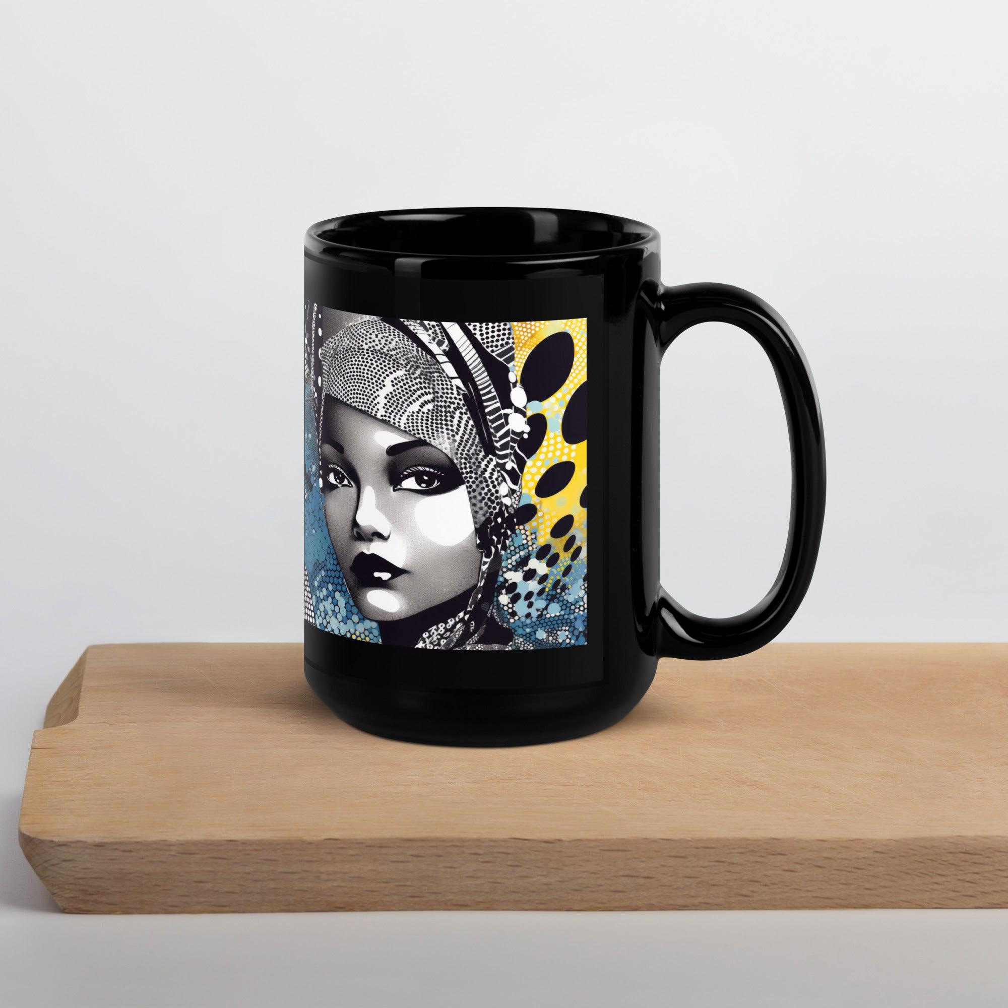 Person holding the Graphic Guru Black Glossy Mug in natural light.