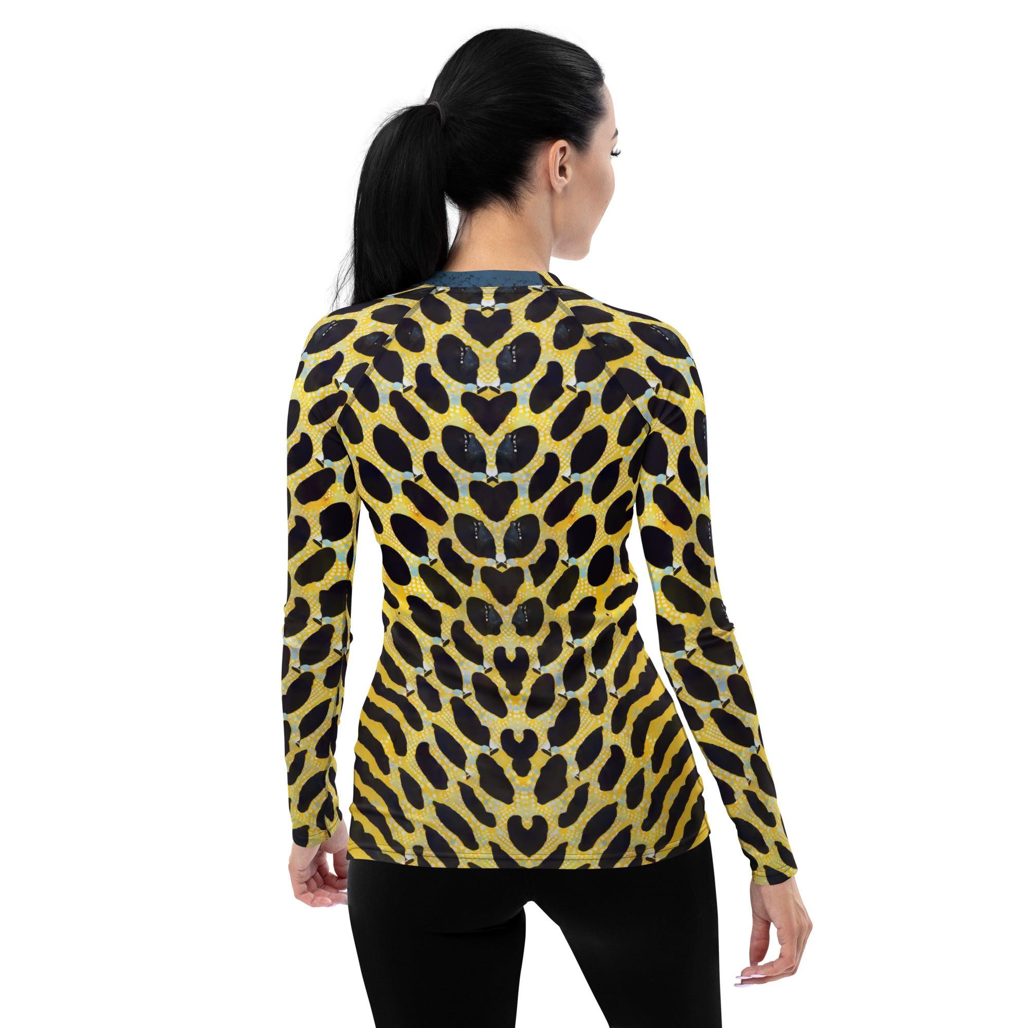 Back view of Graphic Guru women's rash guard showcasing sun protection fabric.