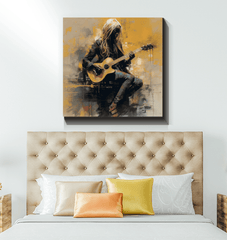 Warmly lit room featuring the vibrant groovy textures wrapped canvas as a focal point.