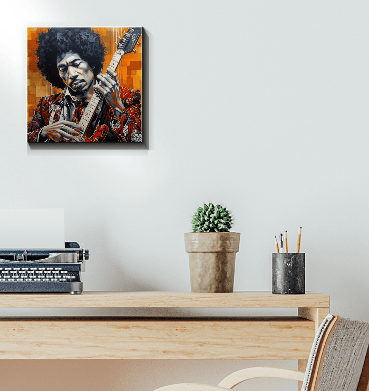 Guitar and music-themed wrapped canvas art.
