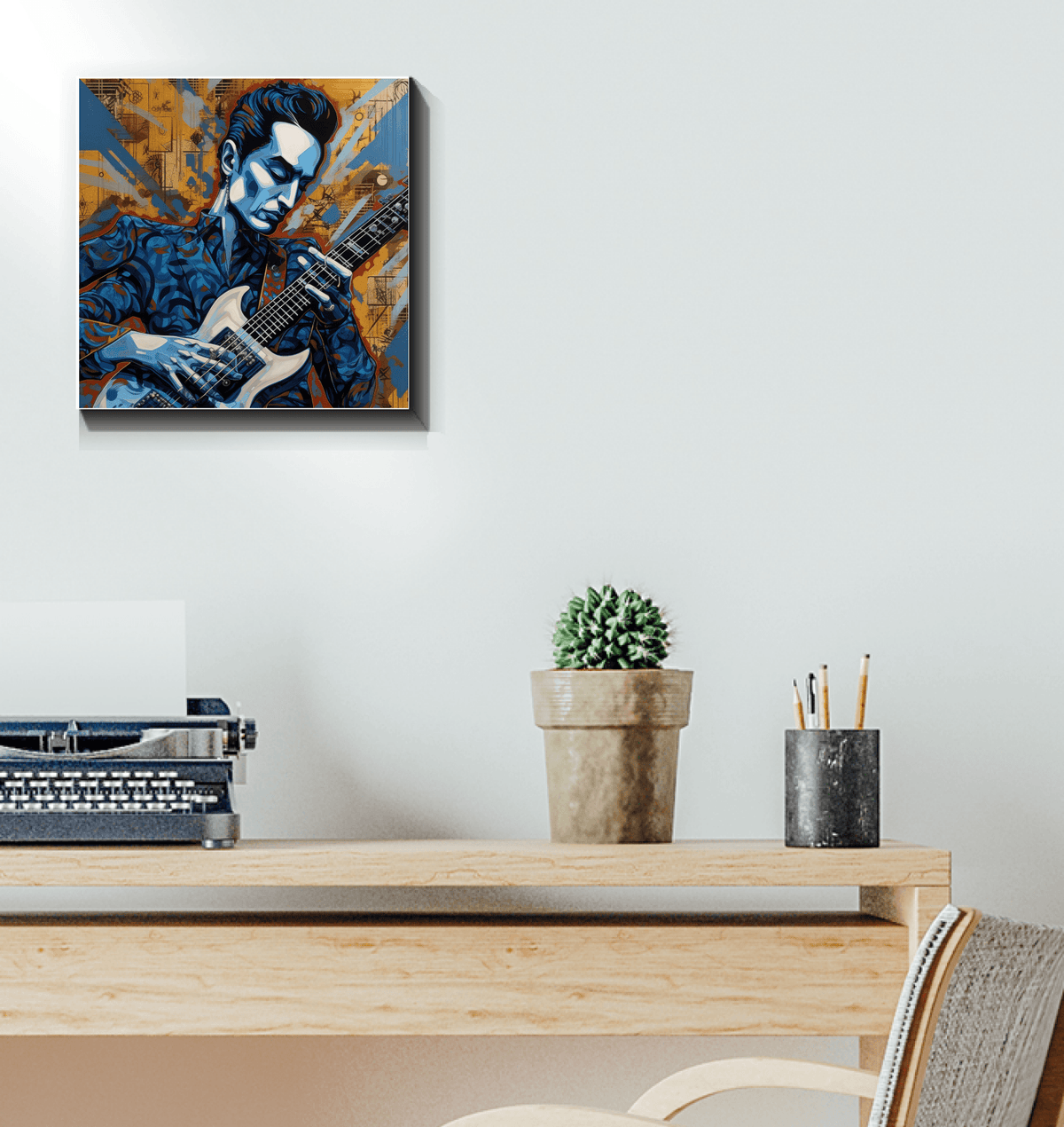 Artistic guitar canvas in a modern living room.