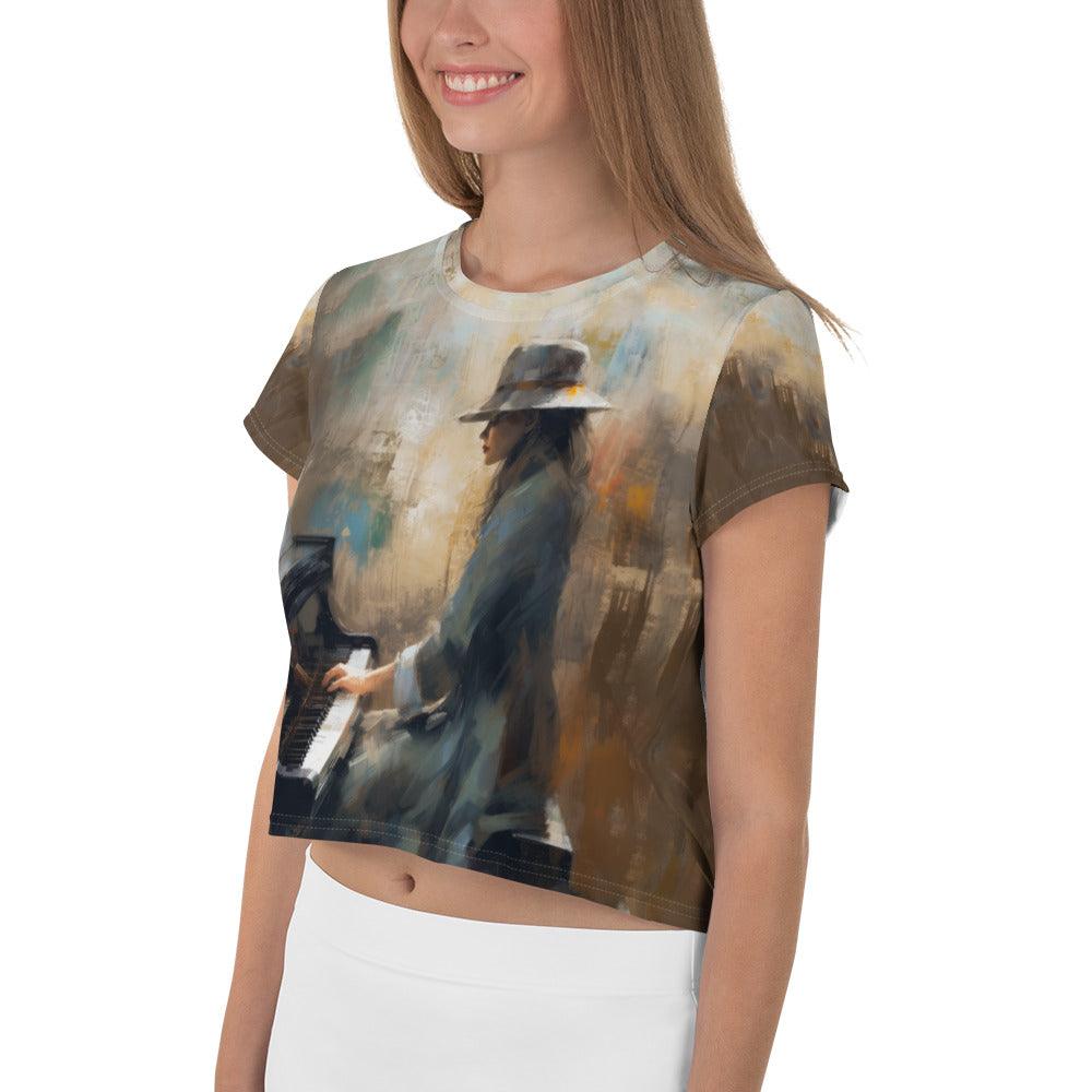 Fashionable all-over print Harmonic Horizon crop tee.