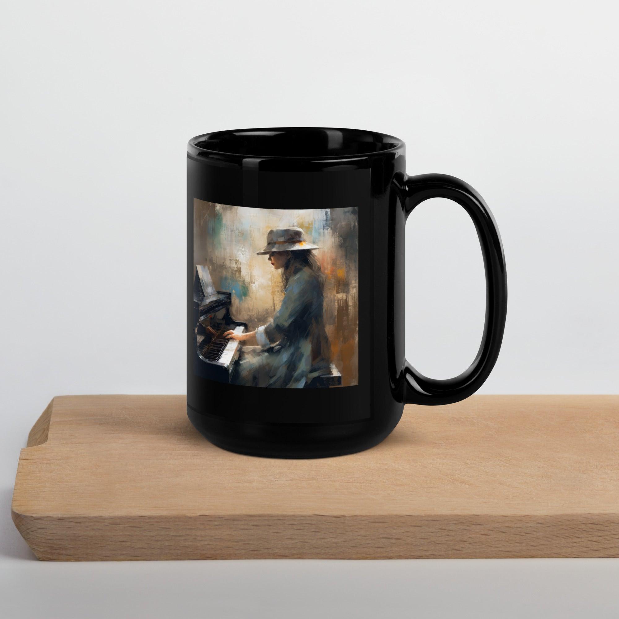 Harmonic Horizon Black Glossy Mug filled with steaming coffee