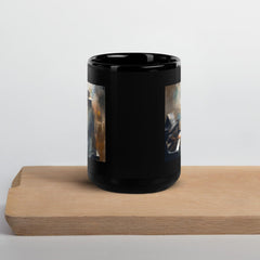 Black glossy mug on a kitchen counter with morning light