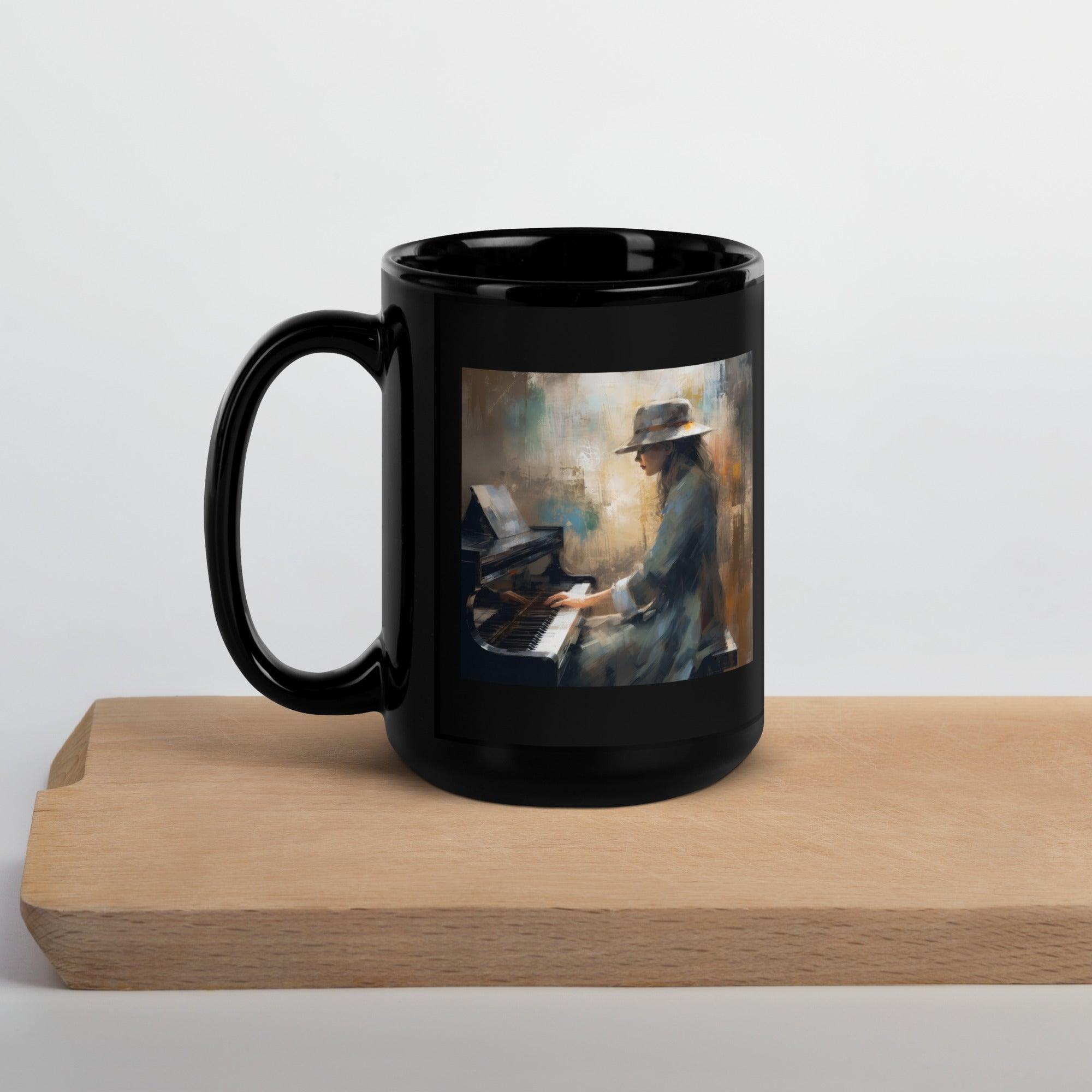 Stylish black Harmonic Horizon Mug held in hands, warm beverage visible