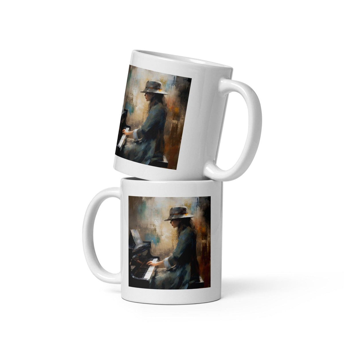 Elegant white glossy mug held in hands, filled with hot coffee