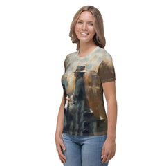 Woman wearing Harmonic Horizon T-shirt outdoors.