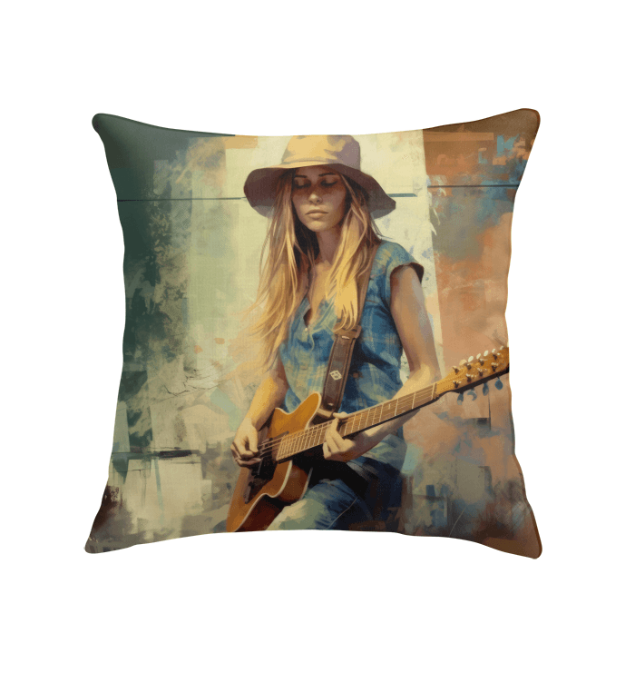 Harmonious Riffs indoor pillow showcasing elegant design on sofa.