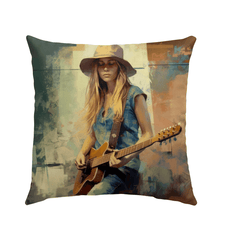 Weather-resistant Harmonious Riffs Outdoor Pillow in outdoor living space.