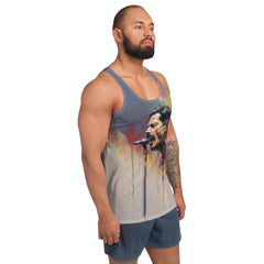 Model wearing Harmony Haven Men's tank top, showcasing fit.