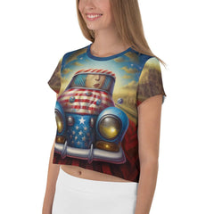 Trendy and patriotic all-over print crop tee design.