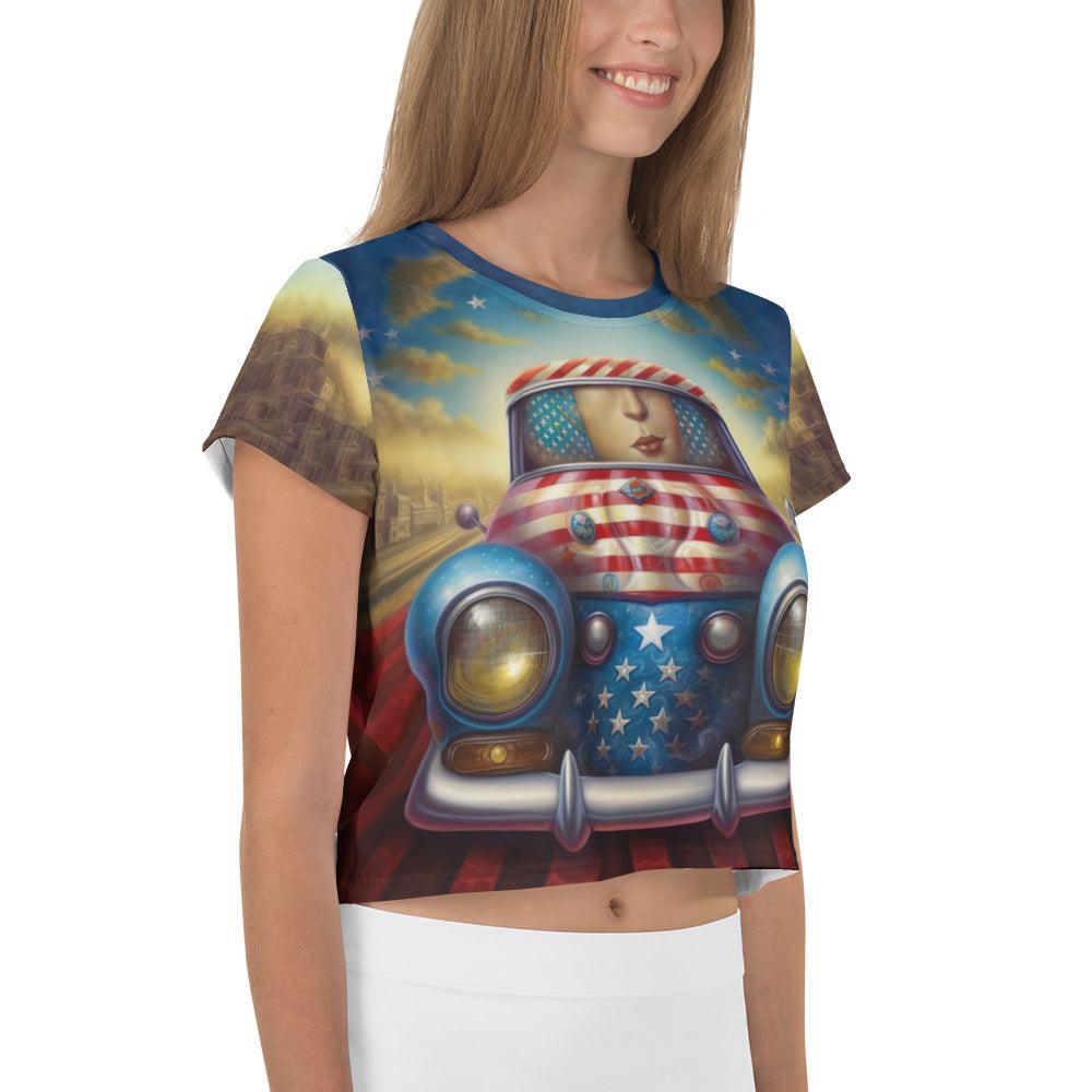 Fashionable crop tee with a colorful national-themed design.