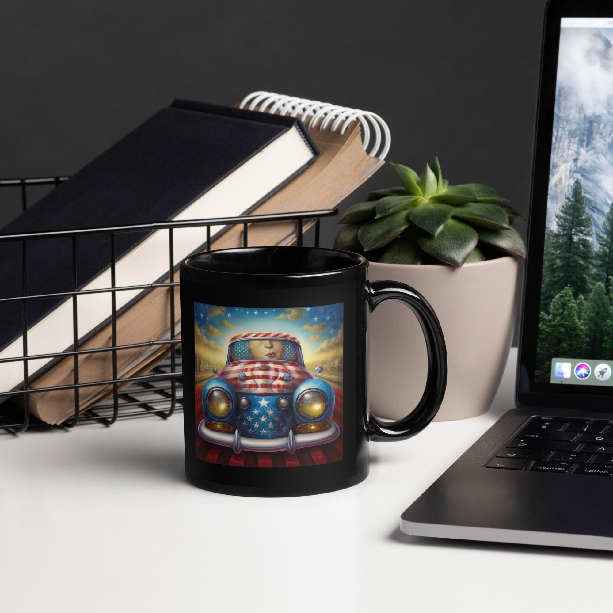 Heart of the Nation black glossy coffee mug with patriotic design.