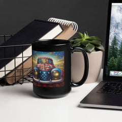 Black glossy mug featuring a heart-shaped national emblem.