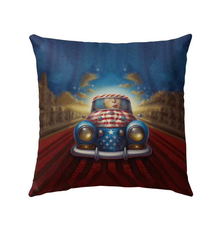 Patriotic outdoor pillow featuring national motifs for garden decor.