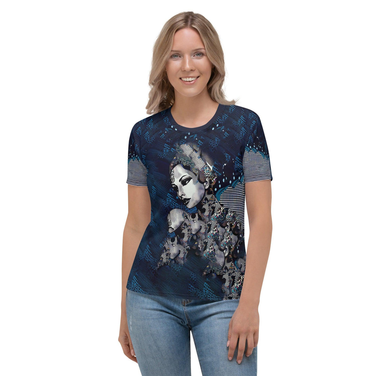 Woman wearing illustration ideas t-shirt with abstract design.