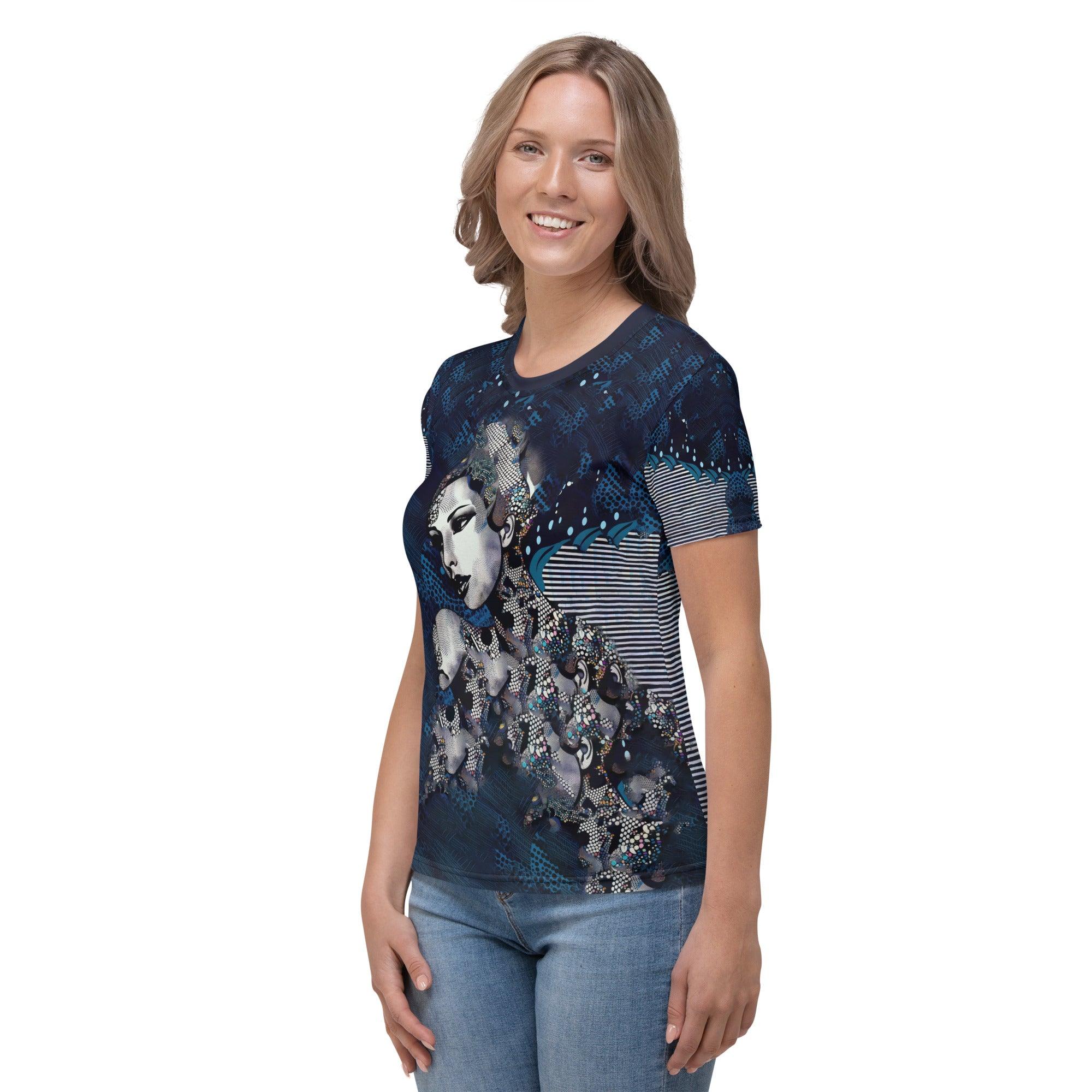 Stylish female model posing in illustration themed t-shirt.