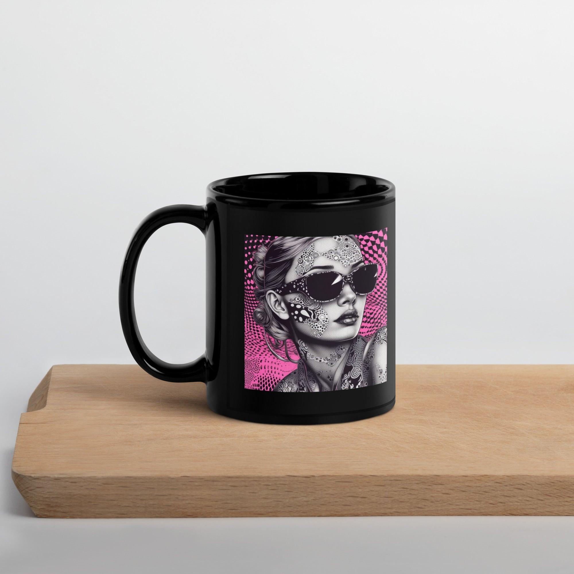 Stylish black coffee mug featuring unique artwork.