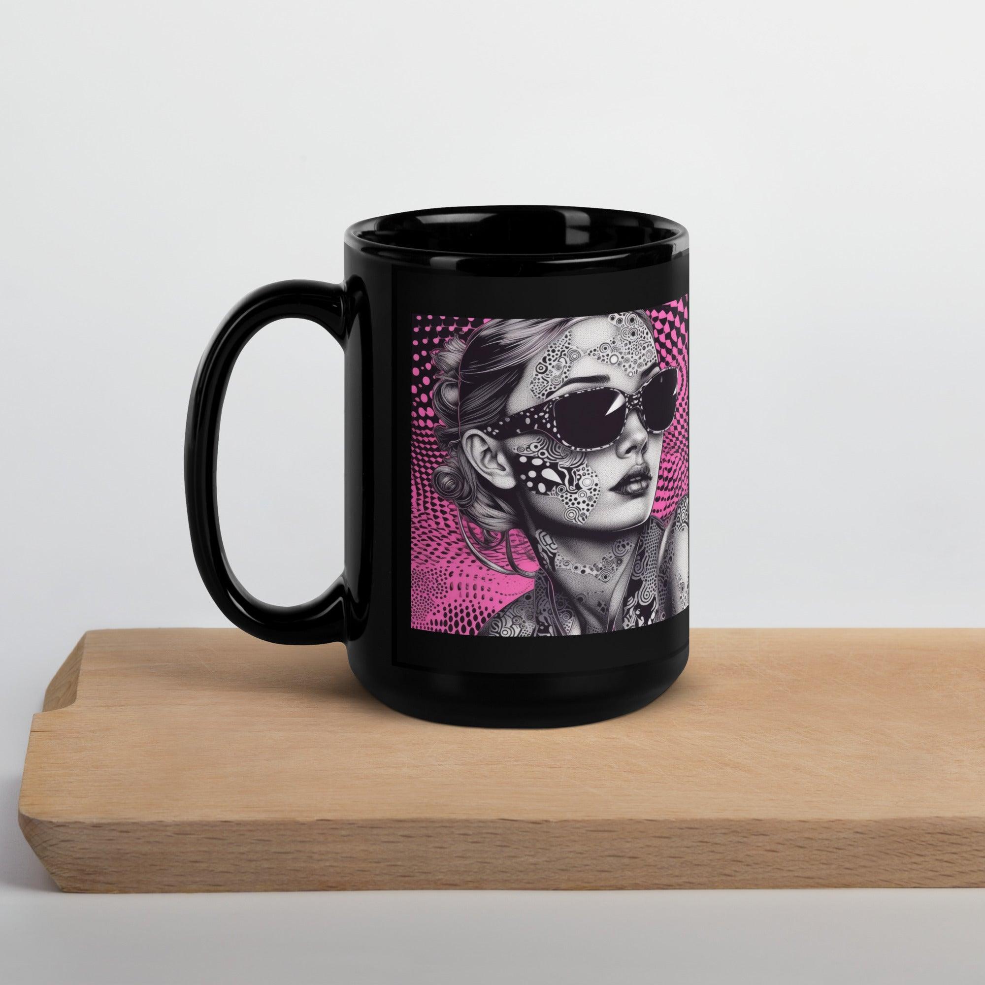 Illustration Interludes design on a glossy black mug.