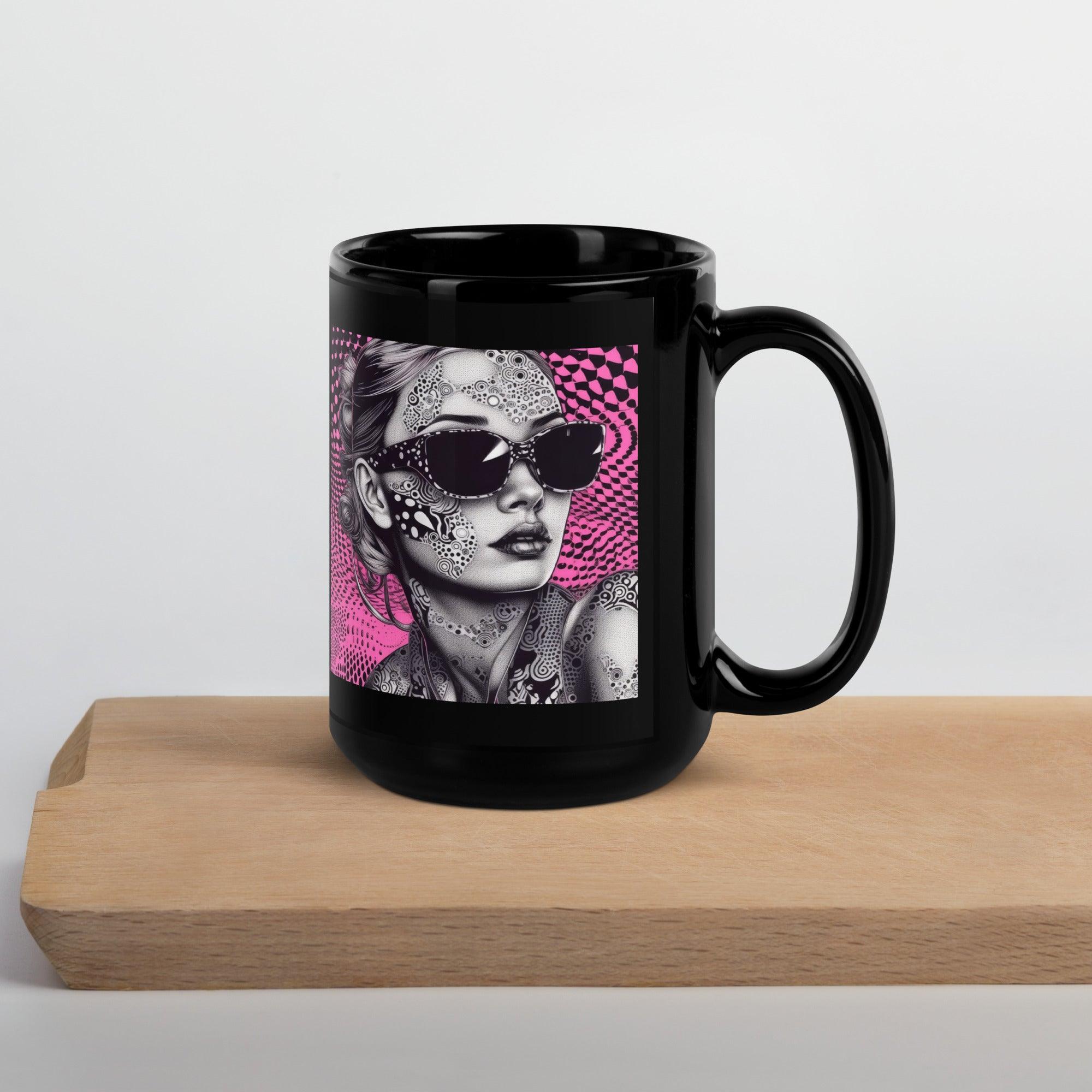 Black glossy mug with creative illustration perfect for collectors.