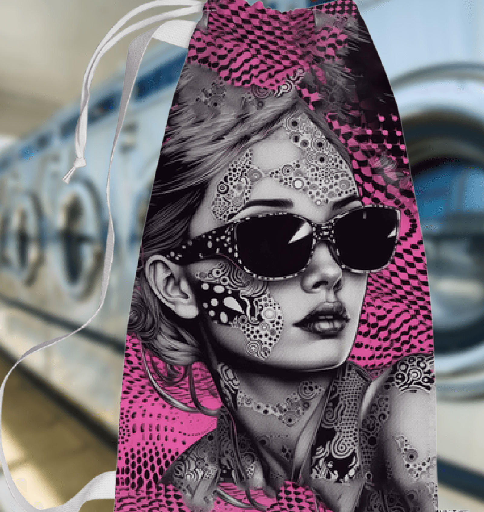 "Illustration Interludes patterned laundry bag displayed in a room setting"