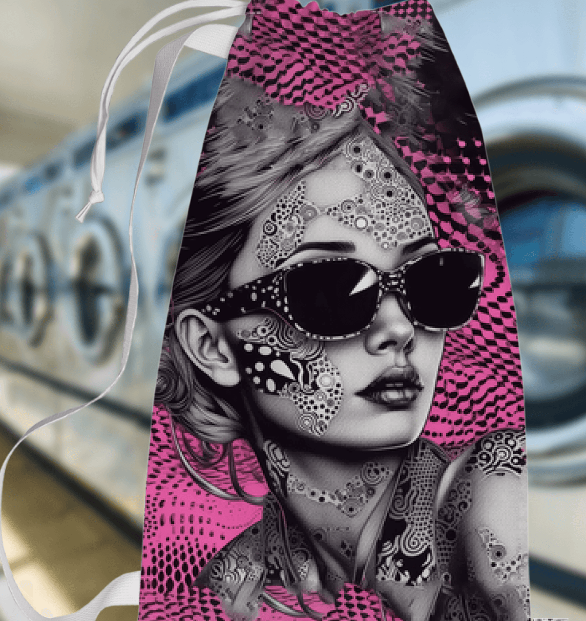"Illustration Interludes patterned laundry bag displayed in a room setting"