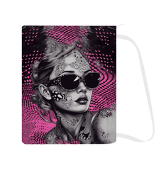 "Close-up view of the vibrant Illustration Interludes design on laundry bag"