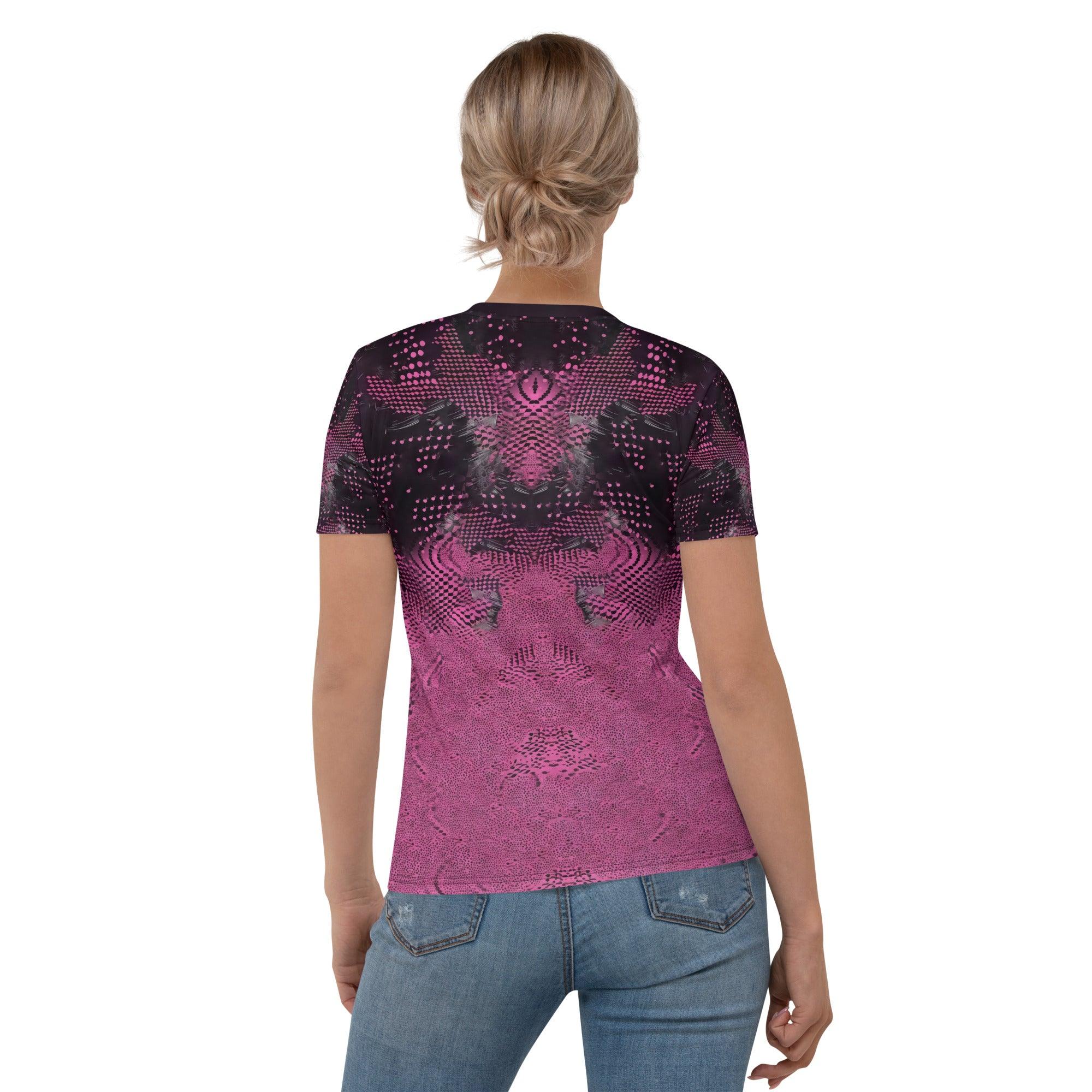 Woman wearing Illustration Interludes art-themed T-shirt.