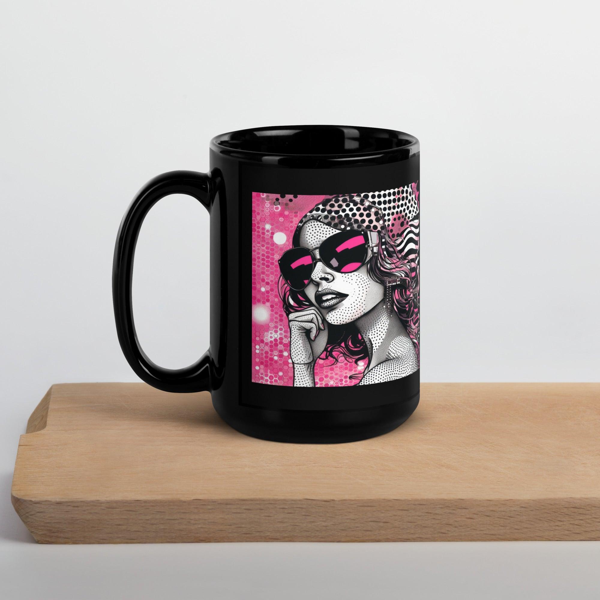 Illustration-themed glossy black coffee mug