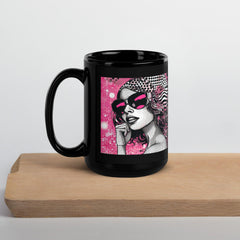 Illustration-themed glossy black coffee mug