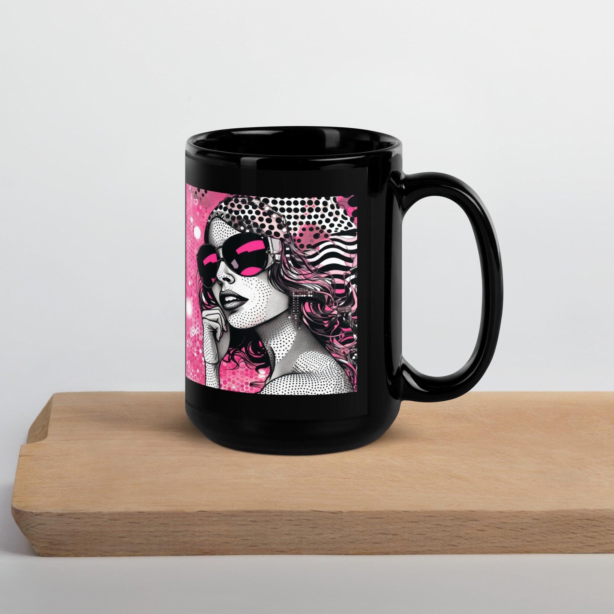 Stylish black glossy mug with artistic designs