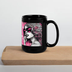 Stylish black glossy mug with artistic designs