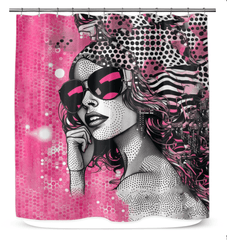 Unique designer shower curtain featuring abstract illustration patterns.