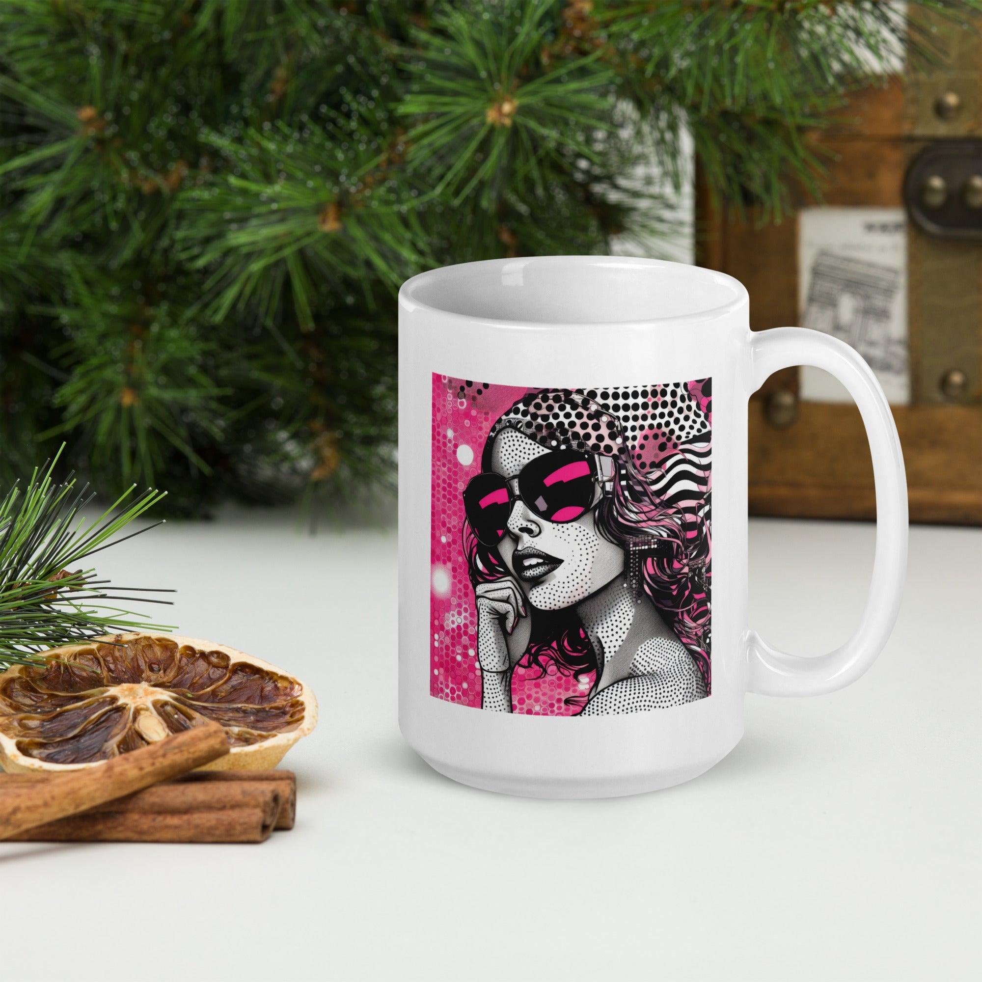 Artistic illustration on a glossy white mug.