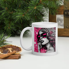 White glossy mug with unique illustration designs.