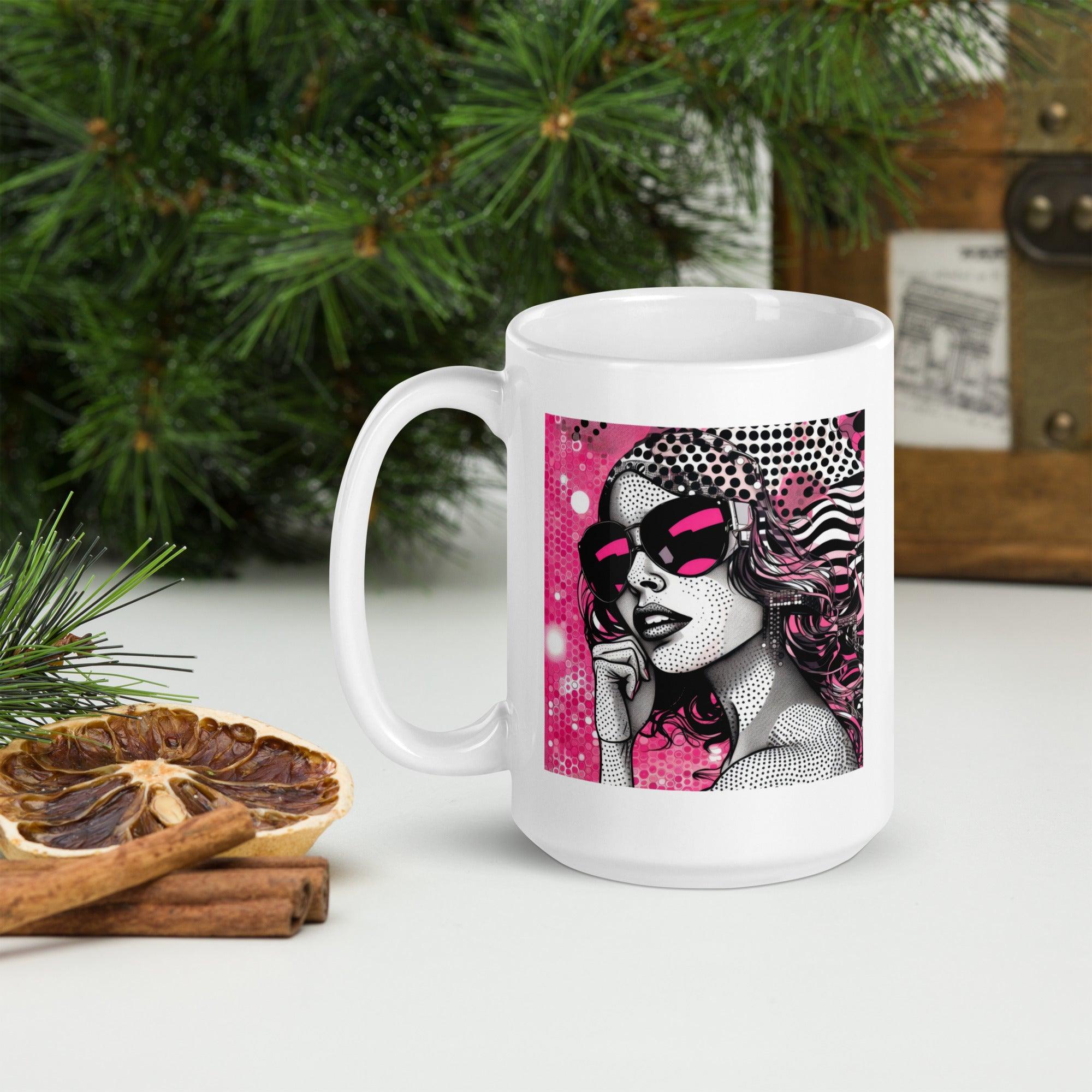 Illustrated white glossy coffee mug with artistic patterns.