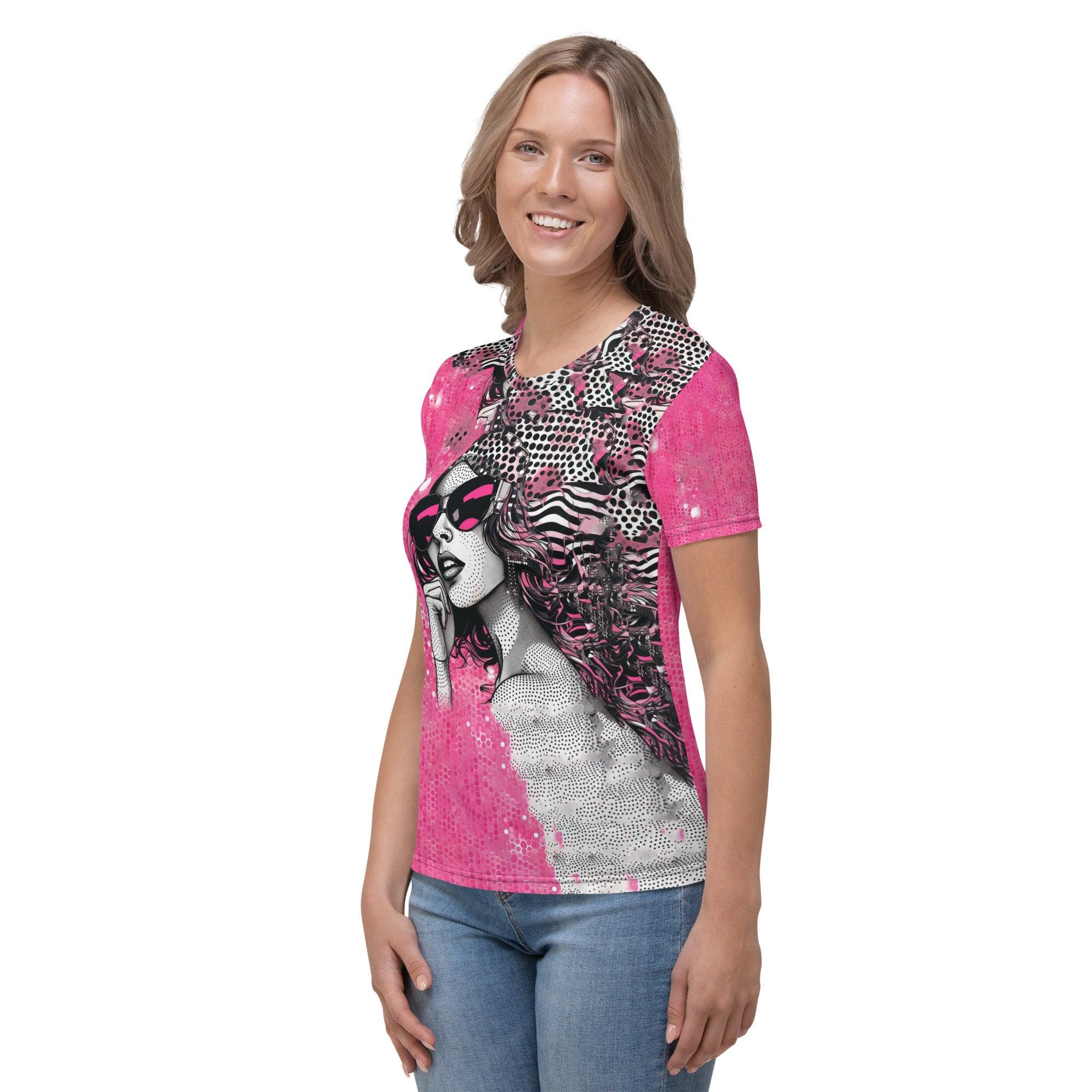 Front view of illustration interpretations women's tee on a hanger.