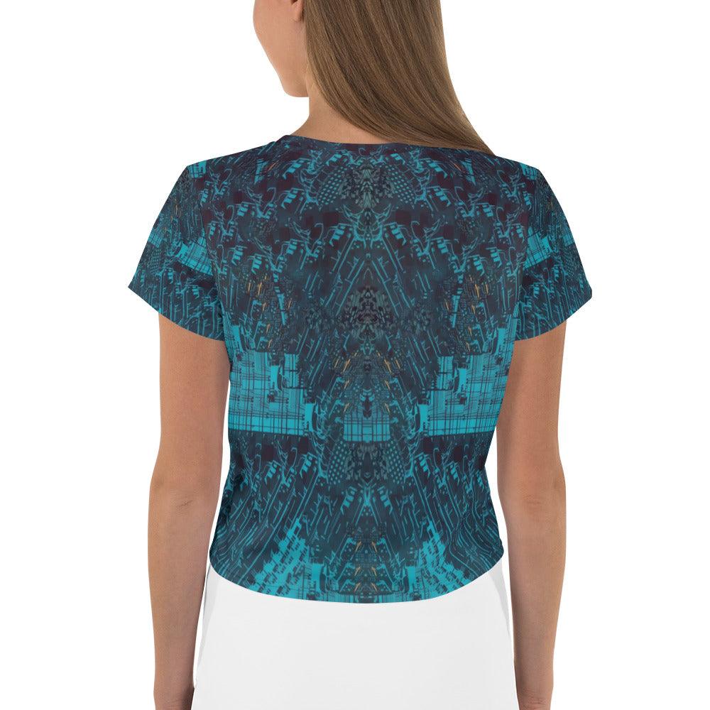 Stylish all-over print crop top showcasing unique artistic patterns.