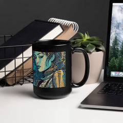 Illustrative Imagination Black Glossy Mug with artistic design.