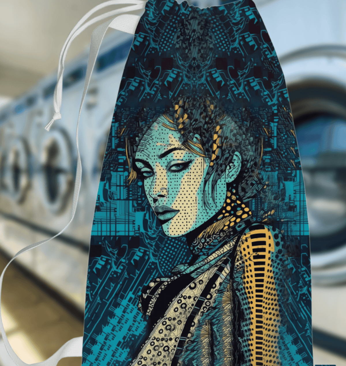Illustrative Imagination Laundry Bag front view with vibrant design.