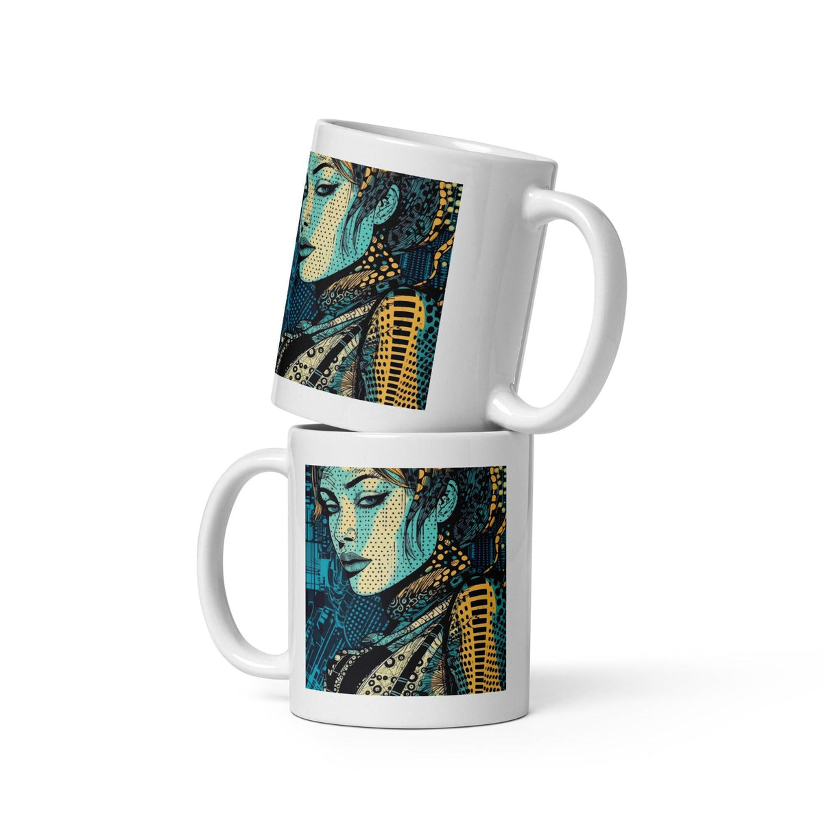 Creative White Glossy Mug with Artistic Design.