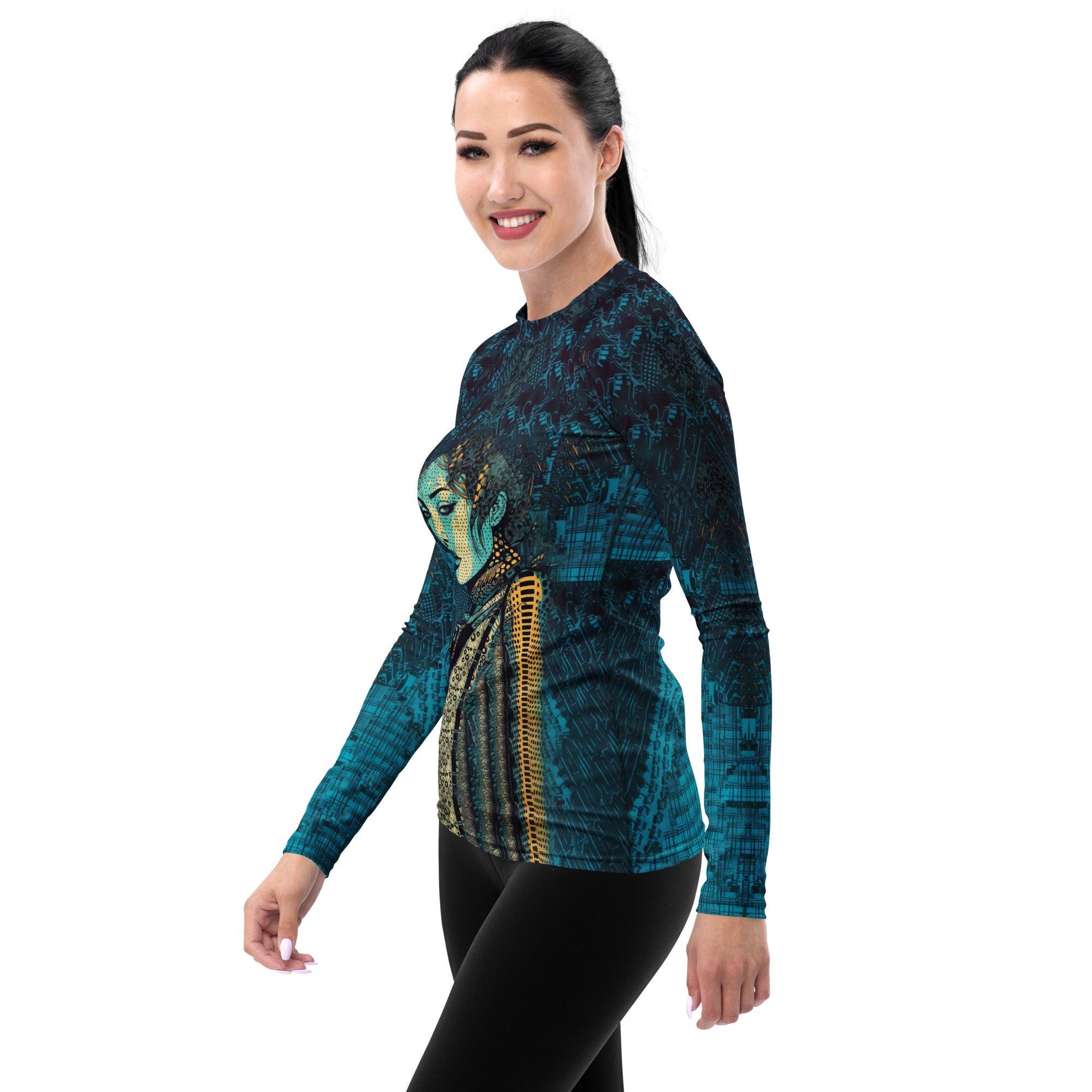 Back view of the Illustrative Imagination Rash Guard for women.