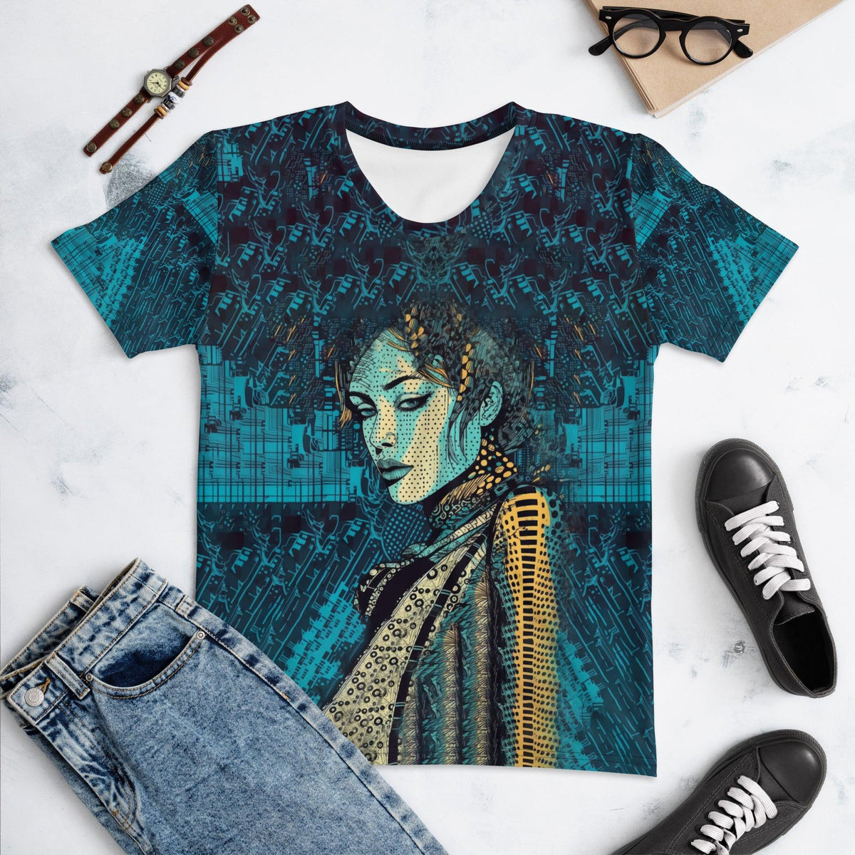 Woman wearing Illustrative Imagination T-shirt with abstract art design.